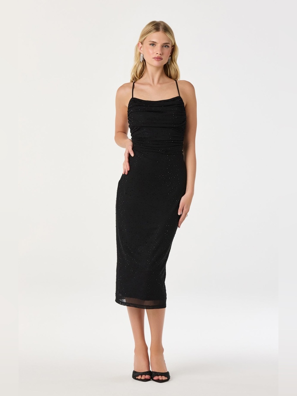 ASTR The Label Rhinestone Ruched Midi Dress Large Black NWOT